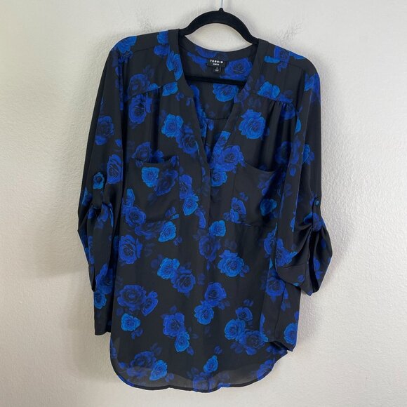 Torrid Harper Womens Plus 2X Black Blue Floral Blouse Roll Tab Sleeve Shirt - Picture 1 of 6